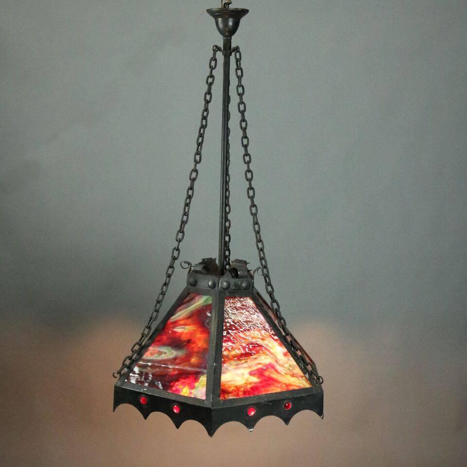 Painted Antique Arts & Crafts Slag Glass 3-Light Hanging Light W/Jeweled Insets, 1910