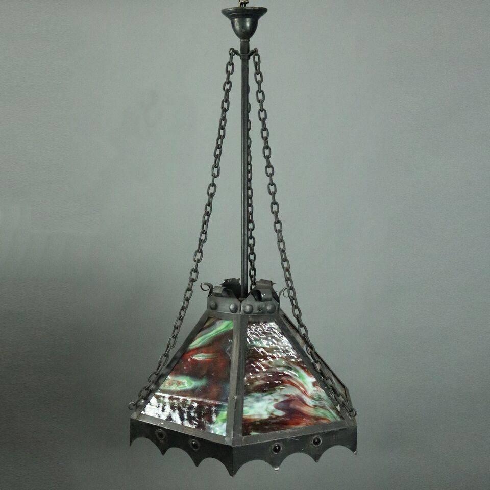 Arts and Crafts Antique Arts & Crafts Slag Glass 3-Light Hanging Light W/Jeweled Insets, 1910