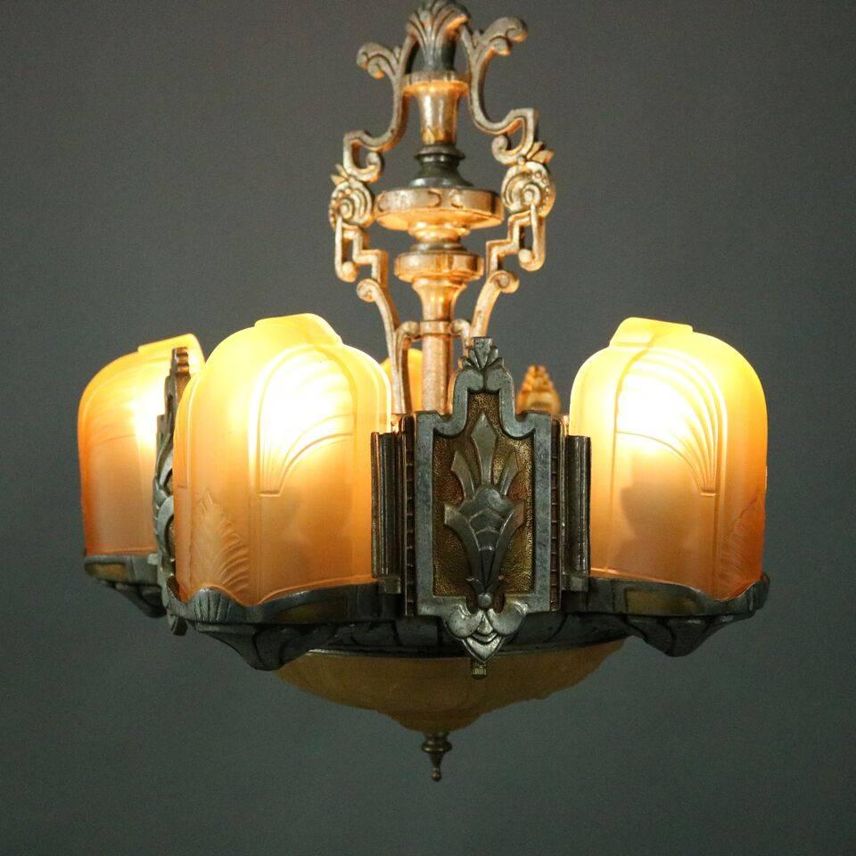 20th Century Antique French Art Deco Five-Light Slip Shade Chandelier with Amber, circa 1920