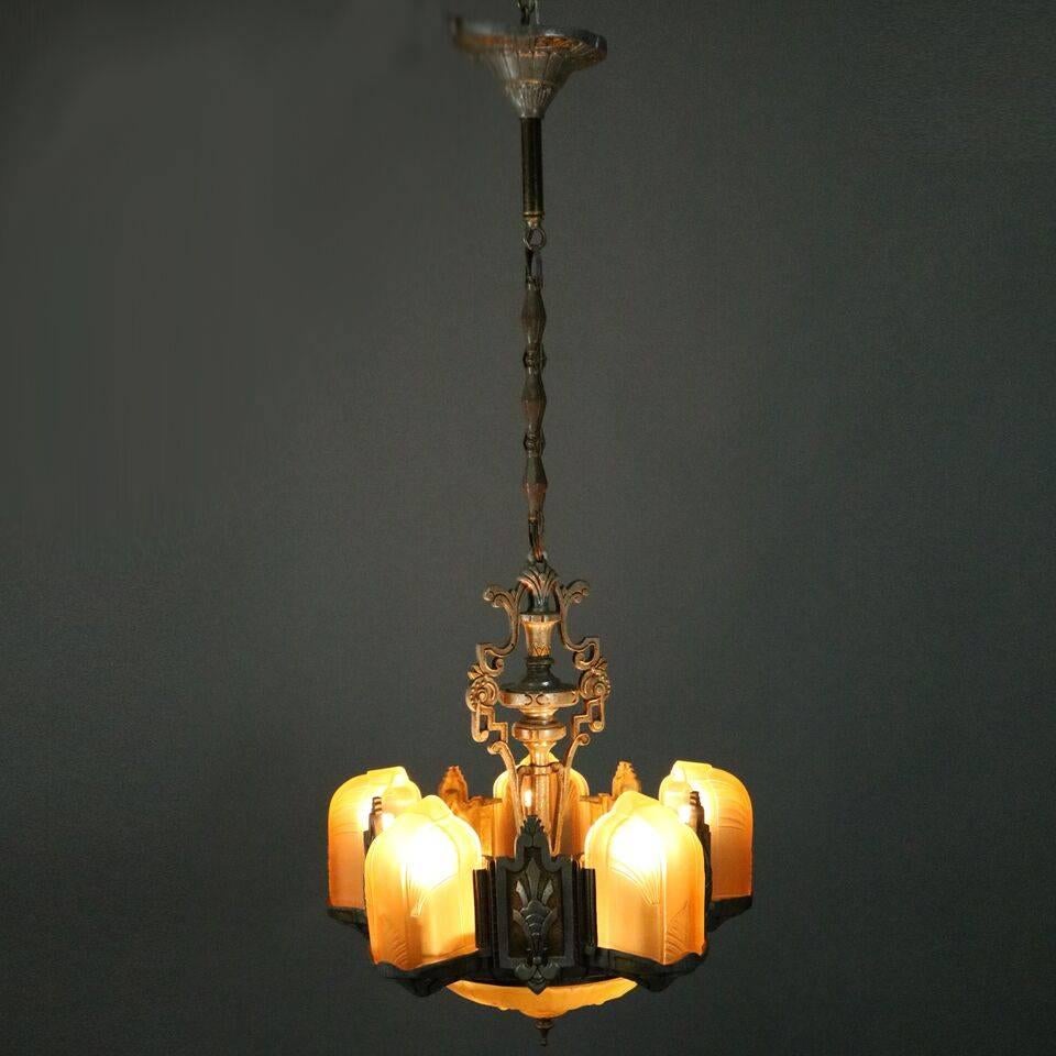 Metal Antique French Art Deco Five-Light Slip Shade Chandelier with Amber, circa 1920