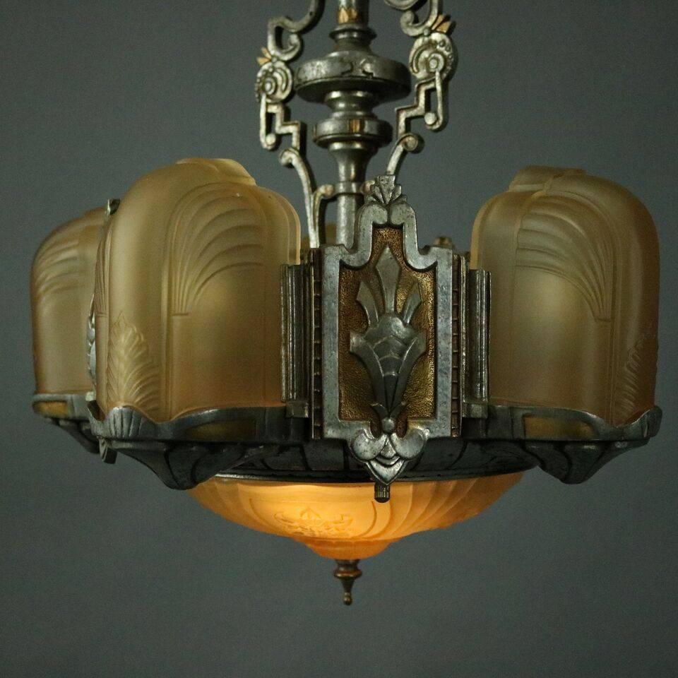 Antique French Art Deco Five-Light Slip Shade Chandelier with Amber, circa 1920 1