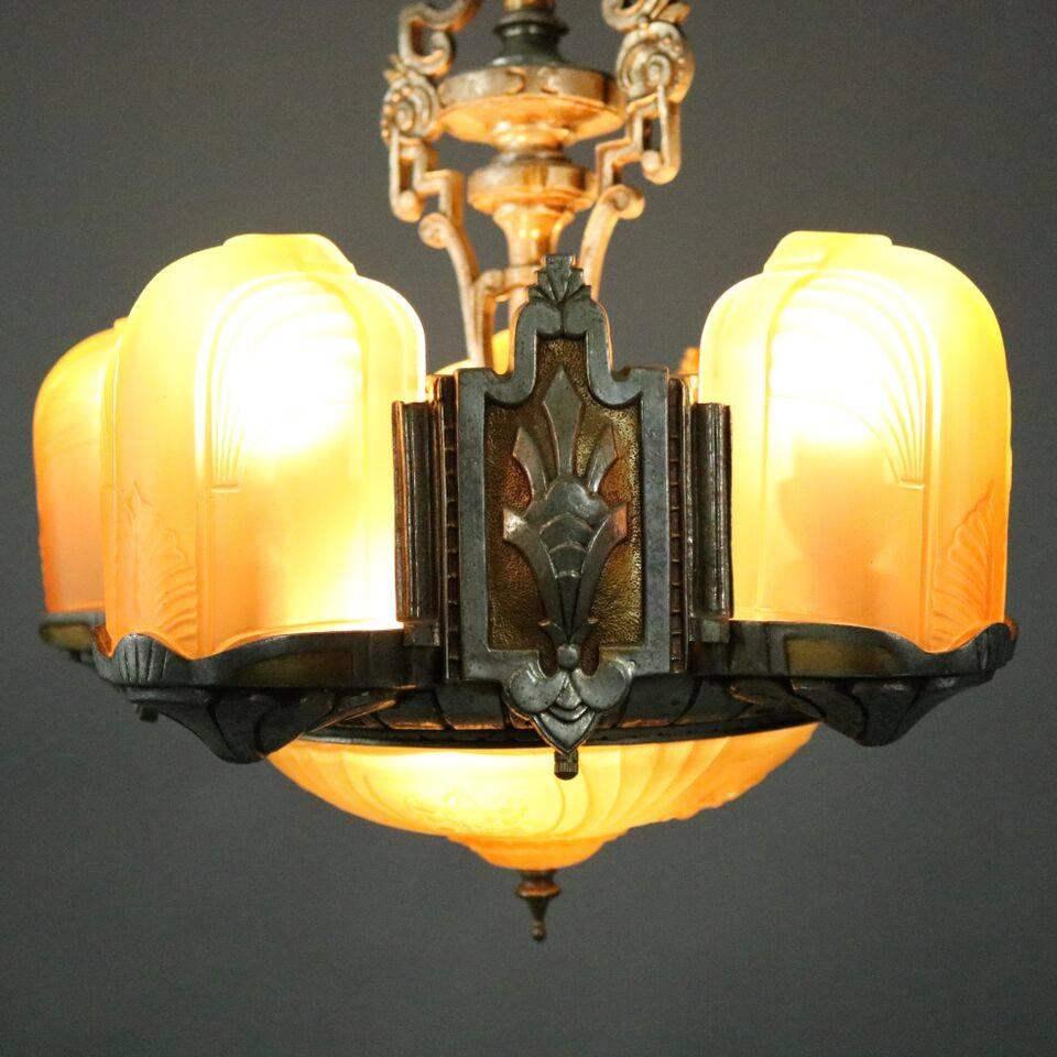 Antique French Art Deco Five-Light Slip Shade Chandelier with Amber, circa 1920 2
