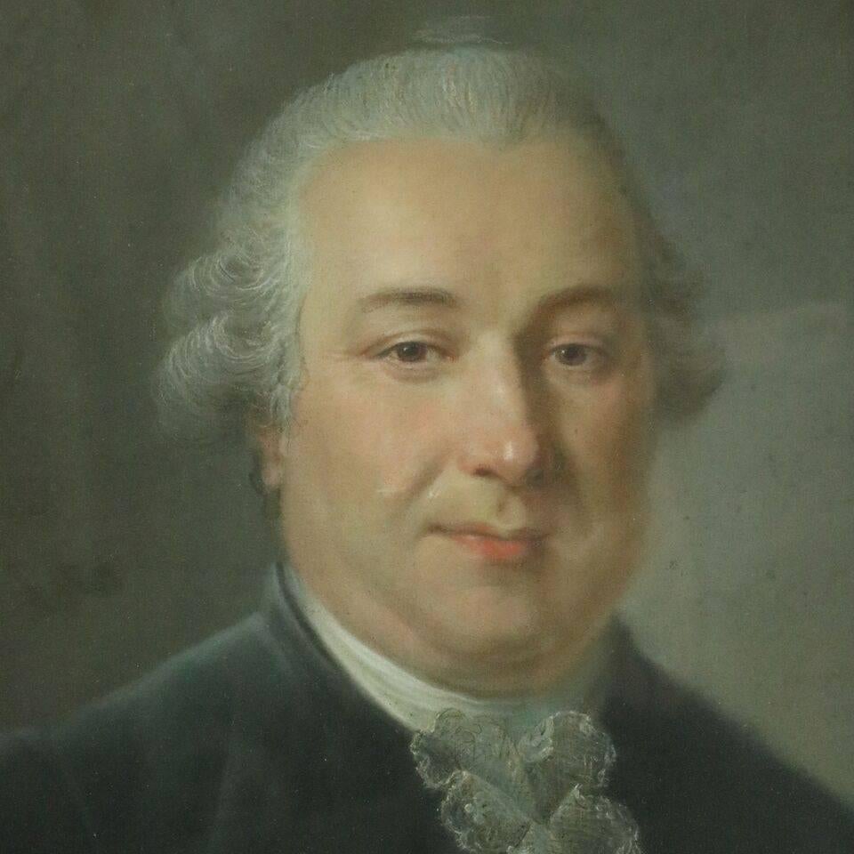 Antique oil on canvas portrait pastel on canvas painting of a baron attributed to John Russell (1745-1806), framed in pierced gilt frame with floral decoration, late 18th century.

Measures - 30.25" H x 26.25" W x 2"D framed;
