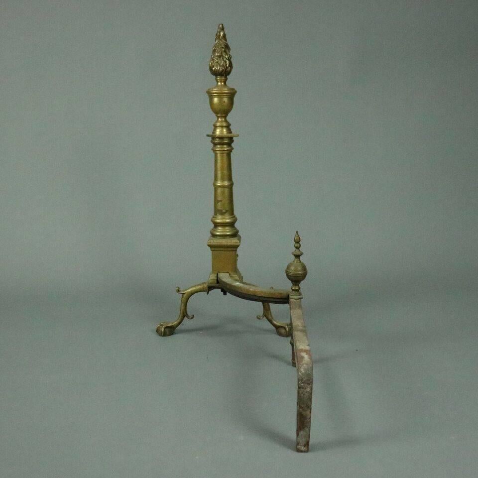 American Antique Brass Federal Style Torchiere Andirons Claw and Ball Feet, circa 1900
