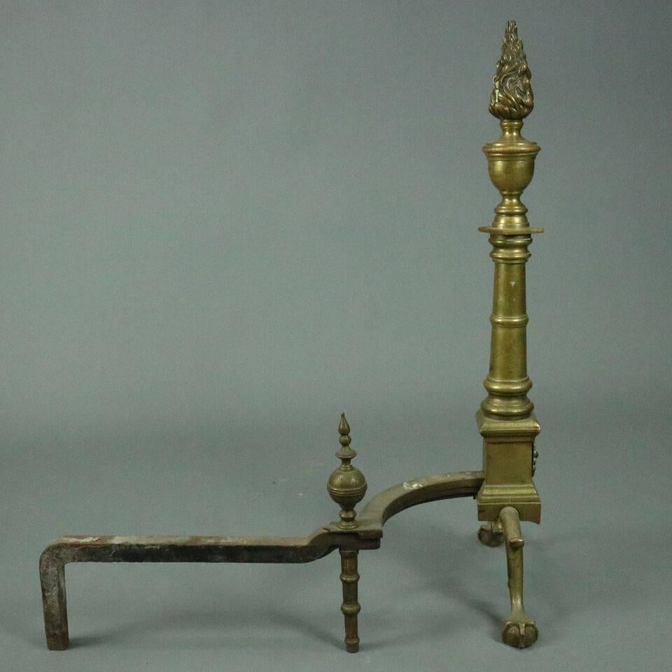 Antique Brass Federal Style Torchiere Andirons Claw and Ball Feet, circa 1900 In Good Condition In Big Flats, NY