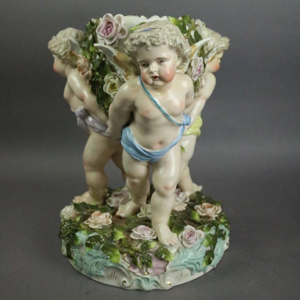 Hand-Painted German Figural Meissen Schierholz Porcelain Compote with Cherubs and Flowers