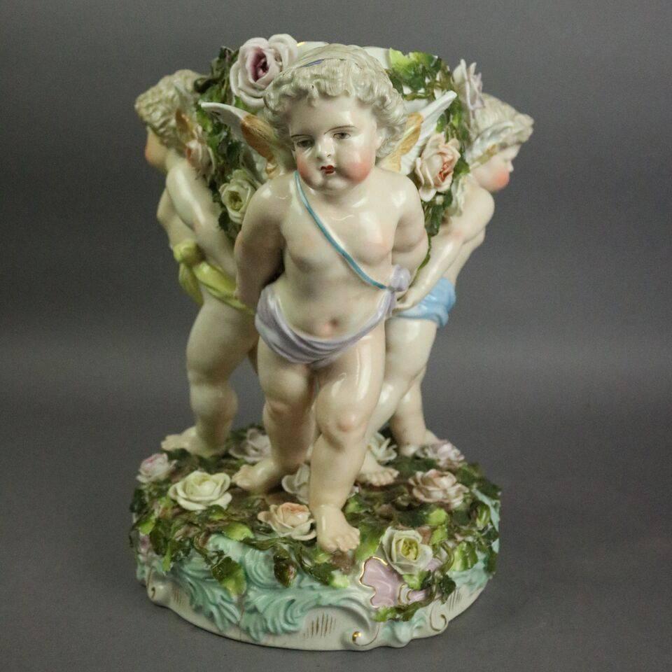 German Figural Meissen Schierholz Porcelain Compote with Cherubs and Flowers In Good Condition In Big Flats, NY