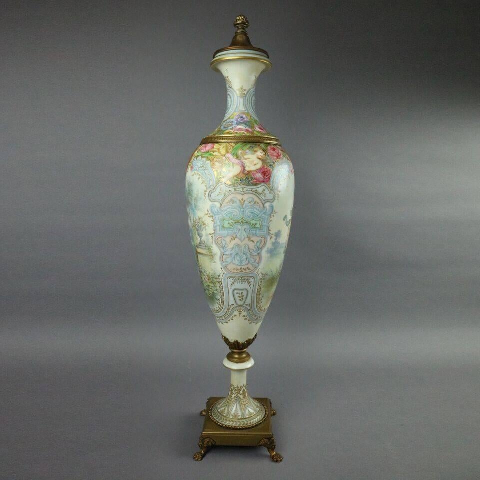 Lg Antique French Sevres Hand-Painted Porcelain and Bronze Urn Signed L. Bertren 1
