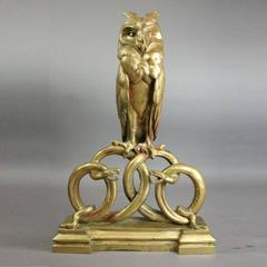 "Wisdom & Knowledge" Pair of Bronze Figural Sculptures, Owl and Serpents
