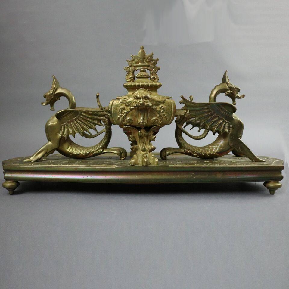 Figural Bronze Egyptian Revival Inkwell with Sea Dragons, Late 19th Century 1