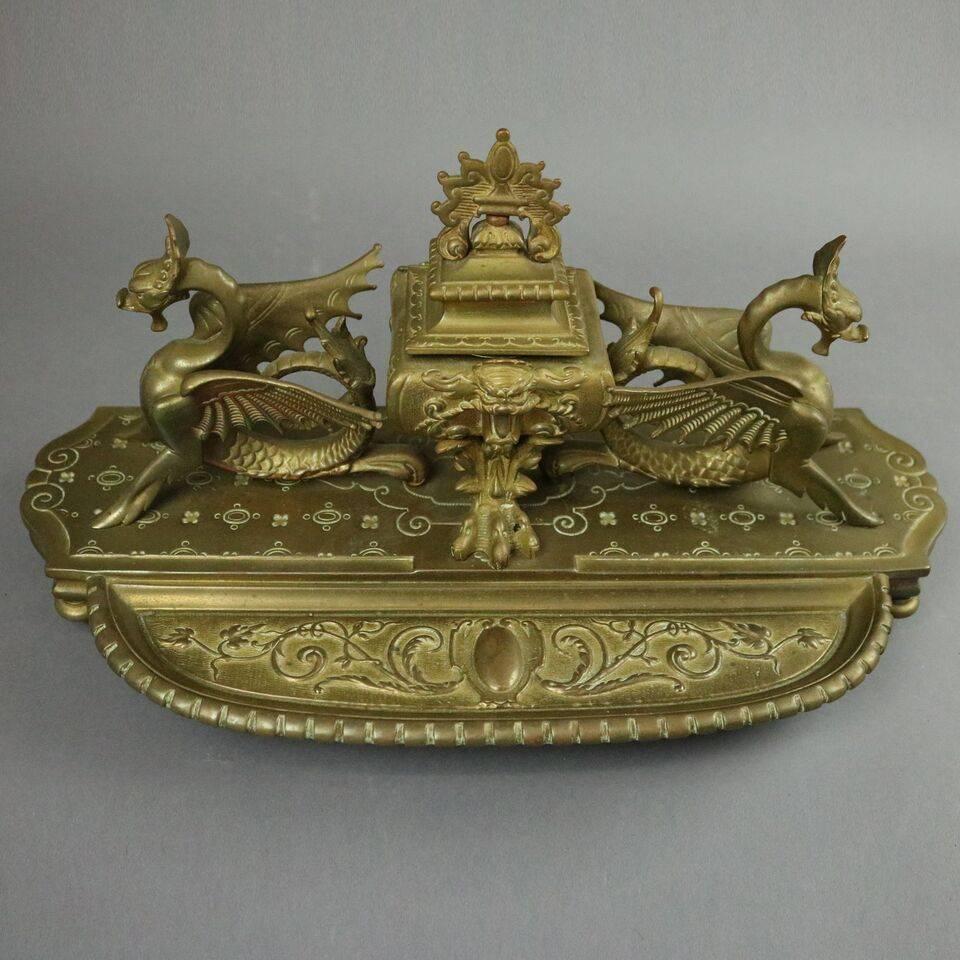 Figural Bronze Egyptian Revival Inkwell with Sea Dragons, Late 19th Century In Good Condition In Big Flats, NY