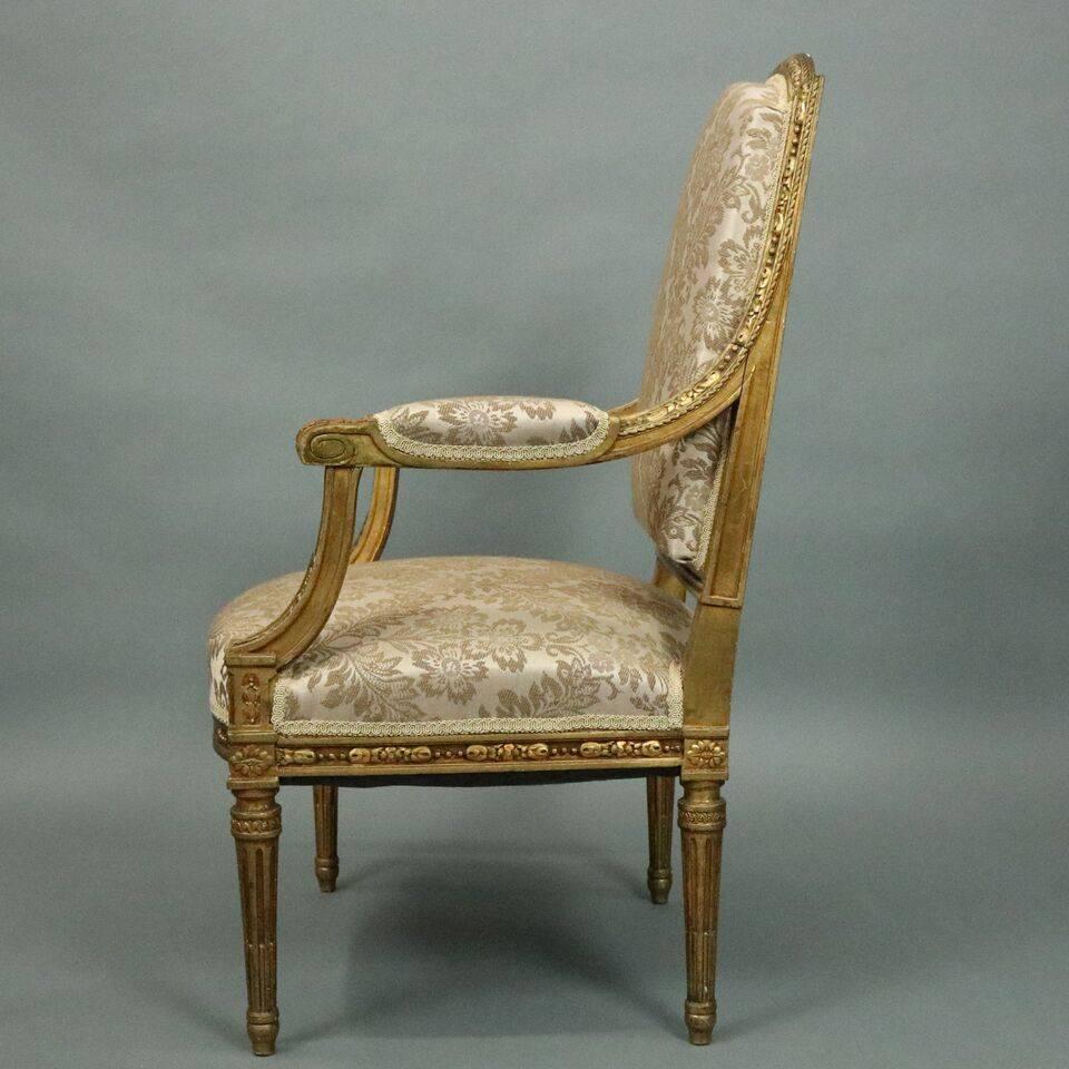 Upholstery Pair of Antique French Upholstered Gold Gilt Louis XVI Armchairs a La Reine