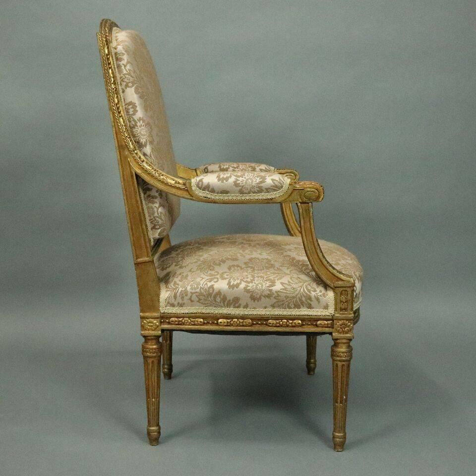 19th Century Pair of Antique French Upholstered Gold Gilt Louis XVI Armchairs a La Reine