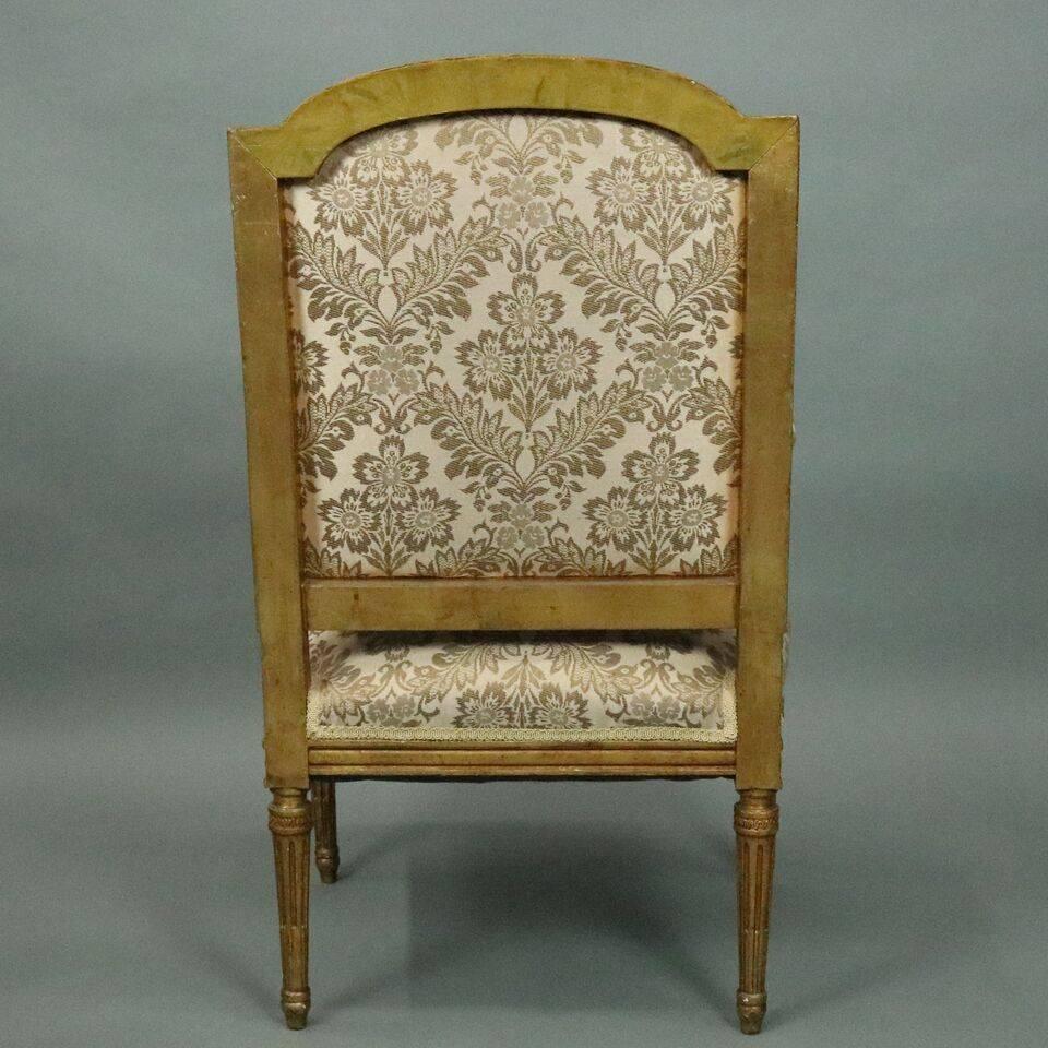 Carved Pair of Antique French Upholstered Gold Gilt Louis XVI Armchairs a La Reine