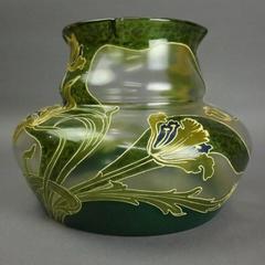 Large Antique French Mont Joye Art Nouveau Mouth Blown Art Glass Vase, Floral