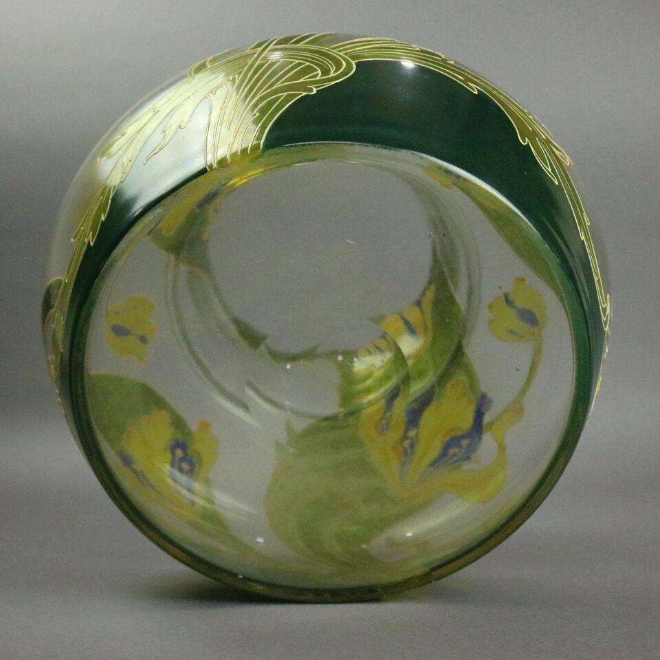 20th Century Large Antique French Mont Joye Art Nouveau Mouth Blown Art Glass Vase, Floral