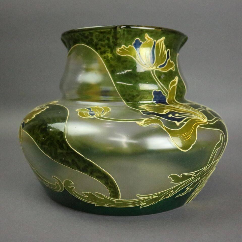Large Antique French Mont Joye Art Nouveau Mouth Blown Art Glass Vase, Floral 1