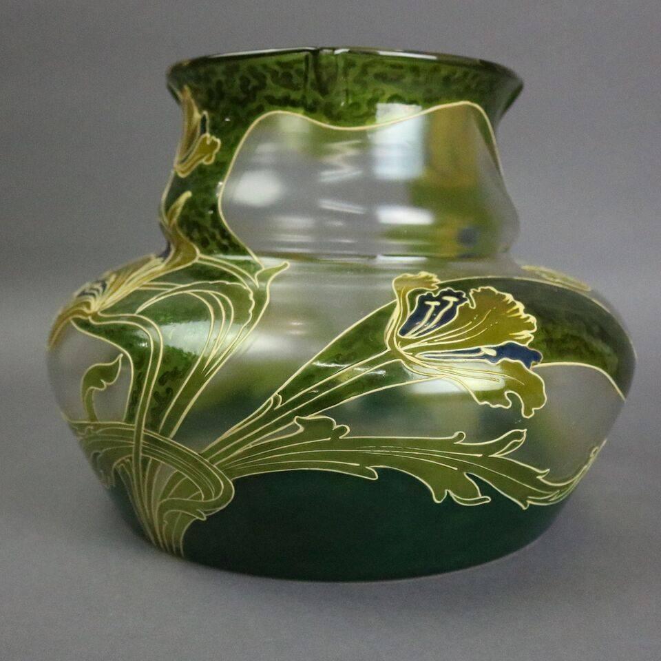 Large Antique French Mont Joye Art Nouveau Mouth Blown Art Glass Vase, Floral 4