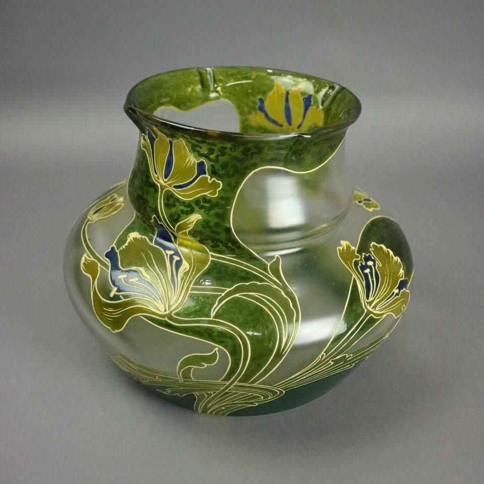 Large Antique French Mont Joye Art Nouveau Mouth Blown Art Glass Vase, Floral 3