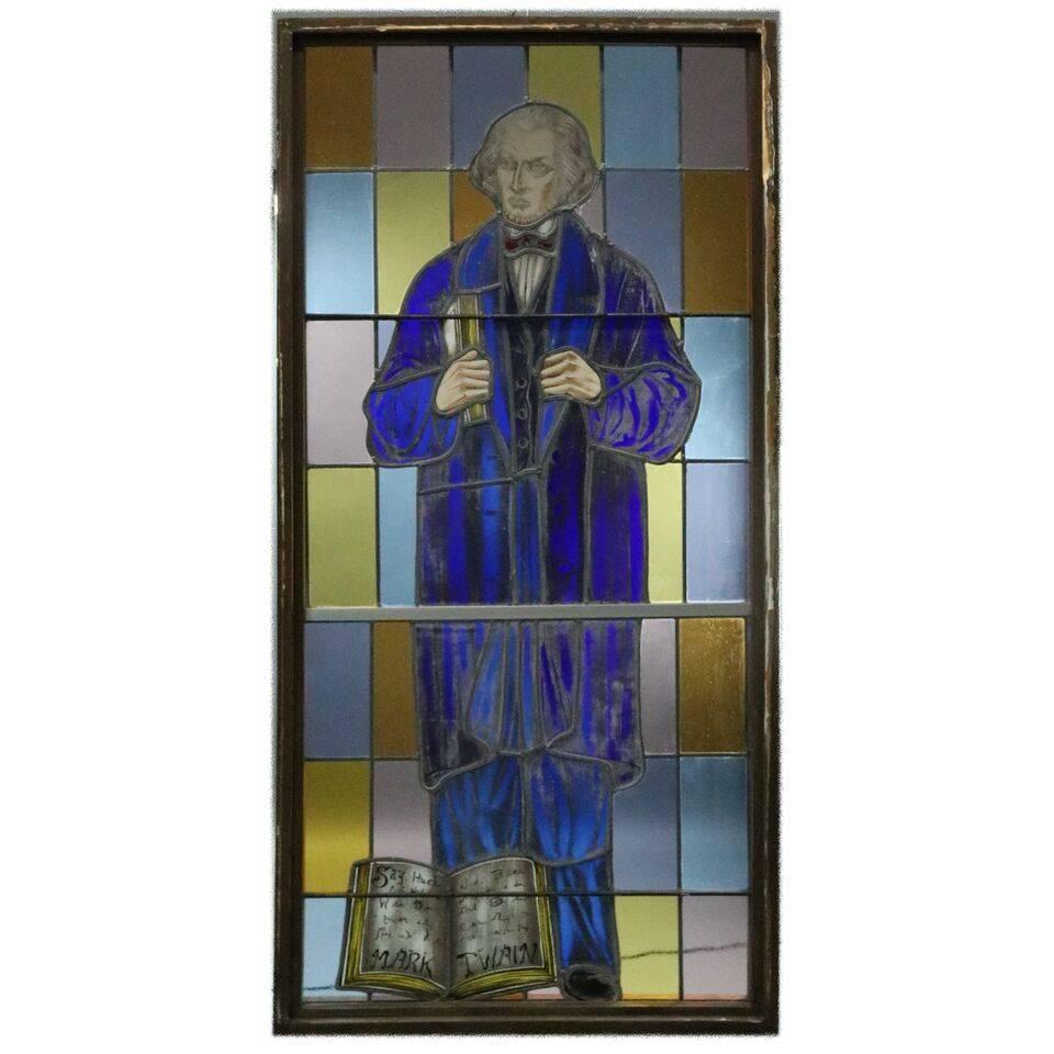 20th Century Antique Large Hand-Painted Stained Glass Window, Mark Twain Full Length Portrait