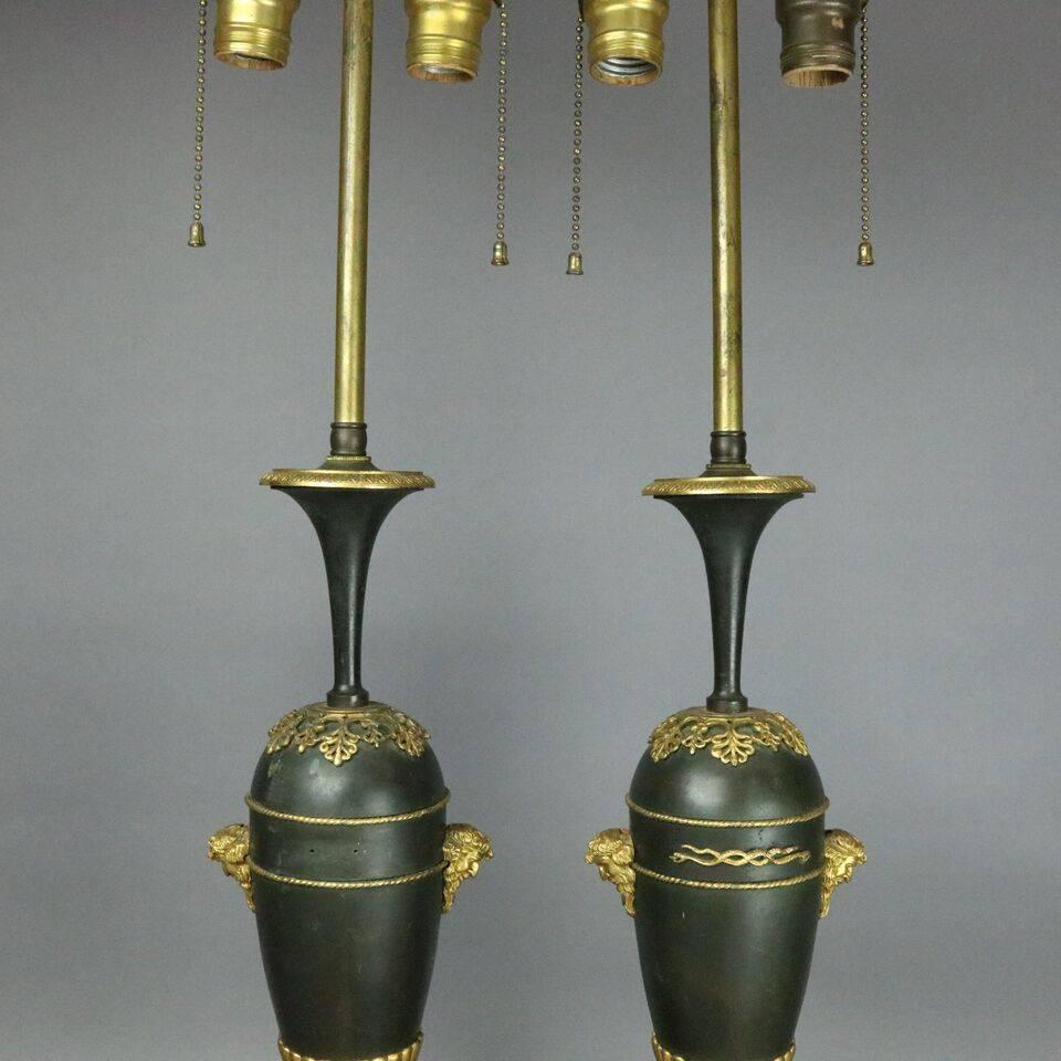 Pair of Antique Classical Parcel-Gilt Bronze Marble Lamp Bases, circa 1900 In Good Condition In Big Flats, NY