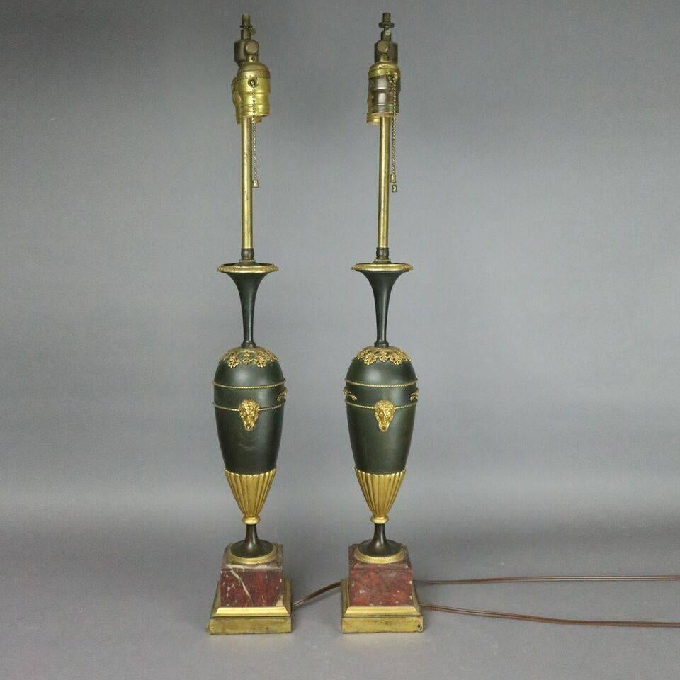 French Pair of Antique Classical Parcel-Gilt Bronze Marble Lamp Bases, circa 1900