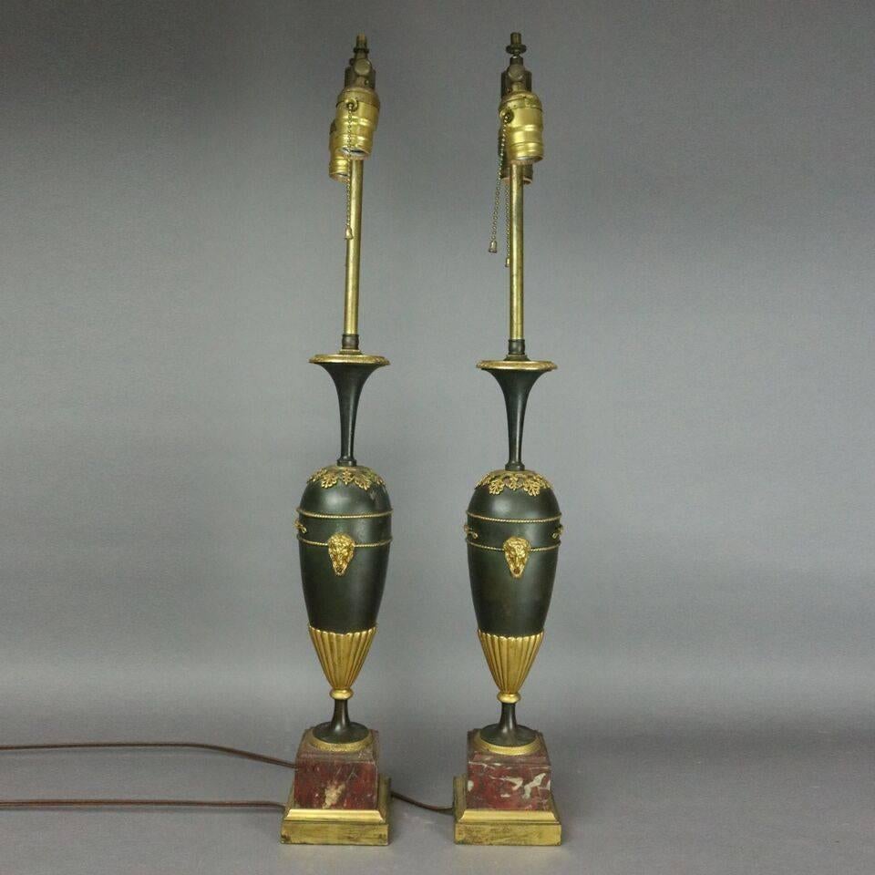 20th Century Pair of Antique Classical Parcel-Gilt Bronze Marble Lamp Bases, circa 1900