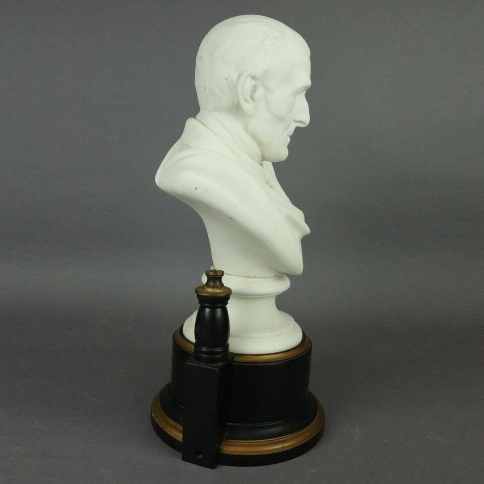 Antique English parian bust of the Arthur Wellesley, Duke of Wellington after Joseph Pitts (United Kingdom, fl. 1830-1870) on circular gold-banded black painted plinth, circa 1880.

Measures: 14.5" H x 7.25" W x 7" D

Arthur