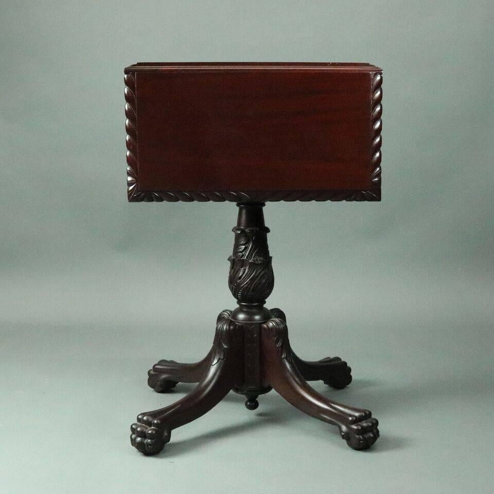Antique American Empire Mahogany Drop-Leaf Two-Drawer Stand with Paw Feet In Good Condition In Big Flats, NY