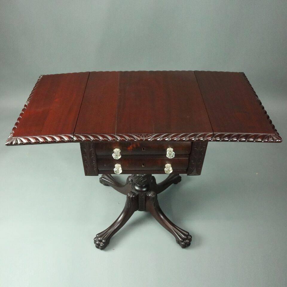 19th Century Antique American Empire Mahogany Drop-Leaf Two-Drawer Stand with Paw Feet