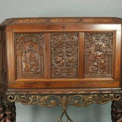 Antique Hand-Painted and Carved Jacobean Style Figural Drop Front Desk