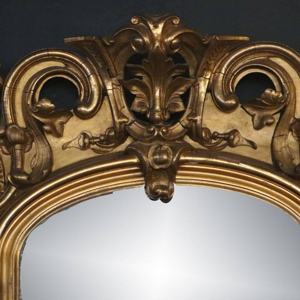 European Oversized Antique French Rococo 1st Finish Gold Gilt and Marble Pier Mirror