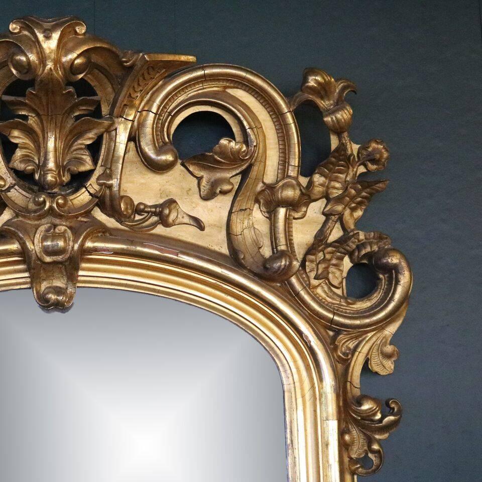 Oversized Antique French Rococo 1st Finish Gold Gilt and Marble Pier Mirror In Good Condition In Big Flats, NY