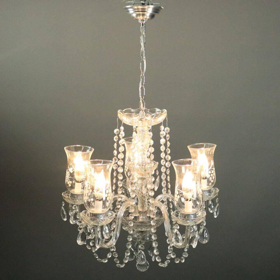 Vintage Cut Crystal and Etched French Style Five-Light Chandelier, circa 1950 1