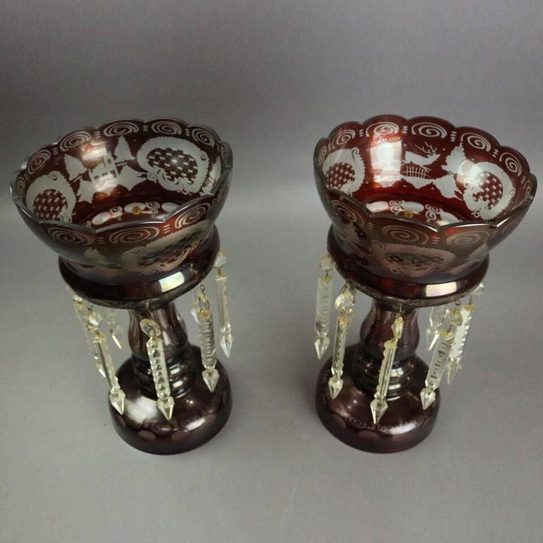 Antique Pair Bohemian Ruby Cut to Clear Mantel Lusters with Prisms