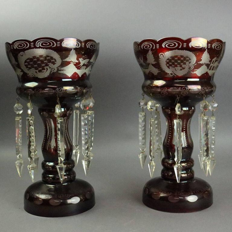 Antique Pair Bohemian Ruby Cut to Clear Mantel Lusters with Prisms
