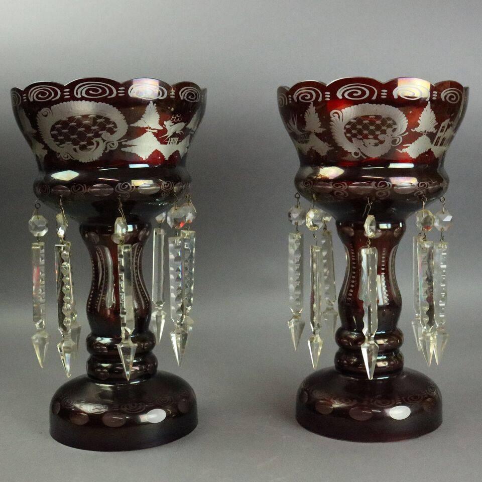 Antique Pair Bohemian Ruby Cut to Clear Mantel Lusters with Prisms, circa 1890 1