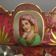 Antique Pair of Hand-Painted Bohemian Moser Cameo Gilt Mantel Lustres circa 1850