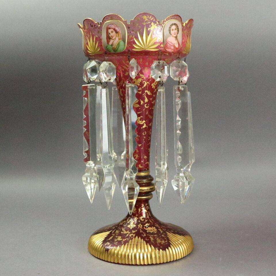Antique Pair of Hand-Painted Bohemian Moser Cameo Gilt Mantel Lustres circa 1850 1