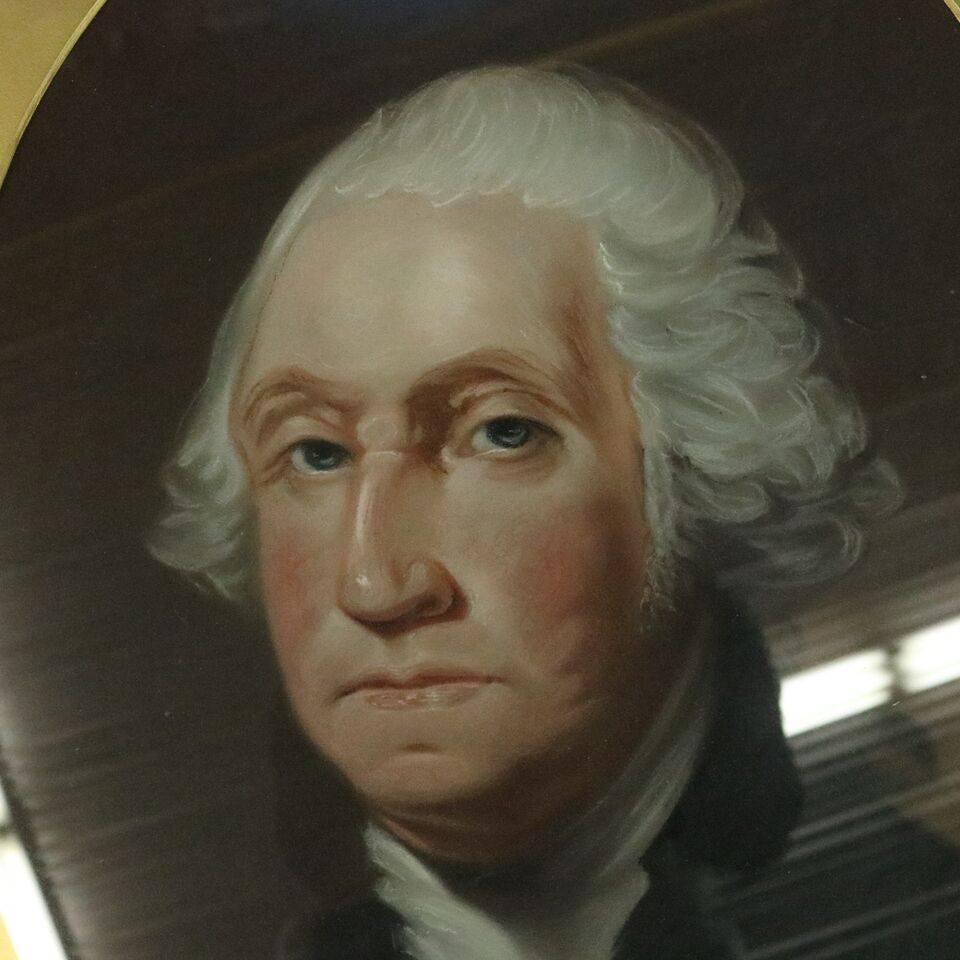 Antique pastel painting of George Washington seated in oval gold gilt frame, label en verso reads "C.E. Luton, Carver & Gilder, Picture Frame & Looking Glass Manufacturer, 214 Broad Street, Birmingham", unsigned, circa