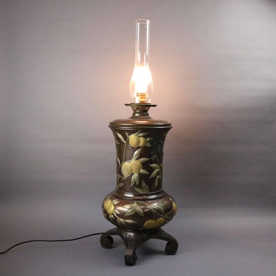 Metal Aesthetic Movement Bronzed Footed Table Lamp, Fruit or Foliate Motif, circa 1870