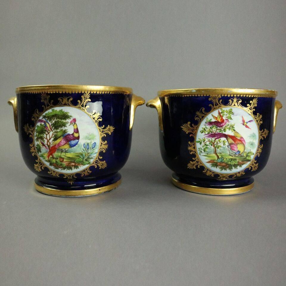 Pair of Fine Antique English Hand-Painted Chelsea School Porcelain Cache Pots In Good Condition In Big Flats, NY
