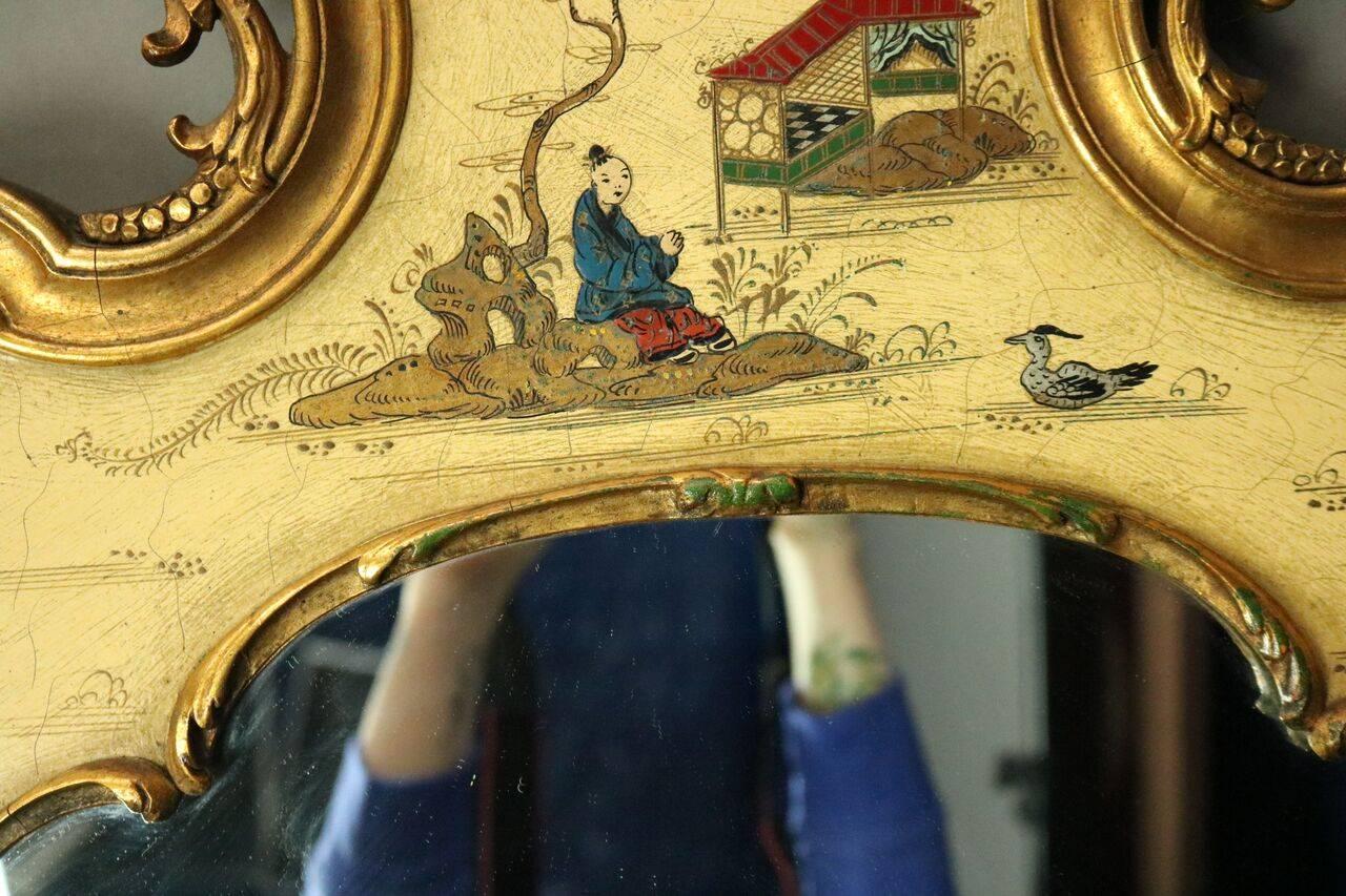 Vintage Hand-Painted Chinoiserie Decorated Pediment Mirror, Lake Scene 1