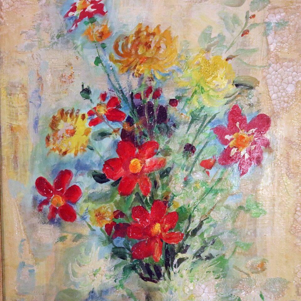 Vintage hand-painted French oil on board floral still life "Heur" (French for "Happiness") by listed artist, Le Pho (1907-2001), signed lower right, circa 1930.

Measures - 24" H x 17" W x 1" D framed; 17.5"