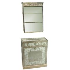 Vintage Mirrored Venetian Style Cabinet and Vanity, Floral Motif, circa 1960