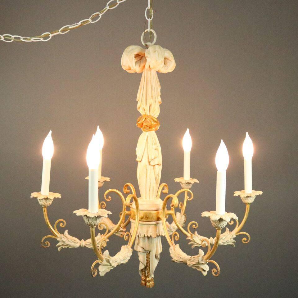 Vintage Italian Carved Wood Parcel Gilt Six-Light Chandelier, 1950 2