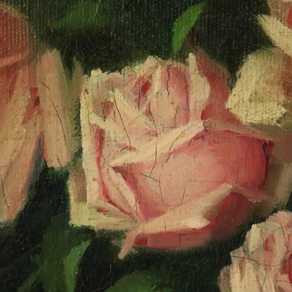 Antique Floral Still Life Oil on Canvas by Marie Johnson, Roses, circa 1910 In Good Condition In Big Flats, NY