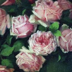 Antique Floral Still Life Oil on Canvas by Marie Johnson, Roses, circa 1910
