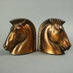 Art Deco Pair of Cast Frankart School Trojan Horse Head Bookends, circa 1935