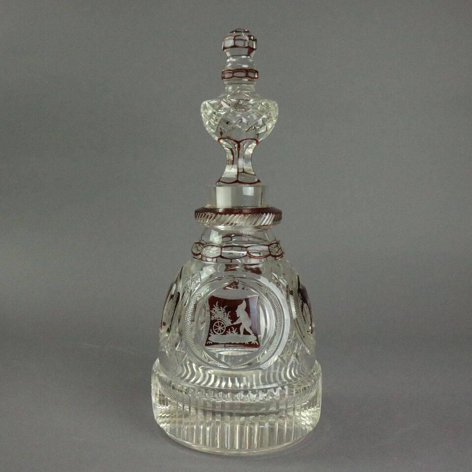 Antique English Bohemian Style Ruby Flash Cut Crystal Decanter, circa 1880 In Good Condition In Big Flats, NY